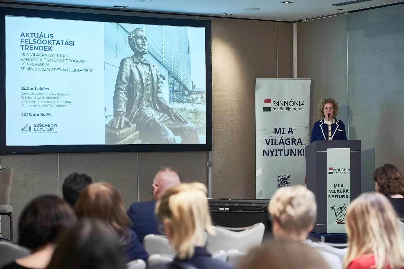 Dr Eszter Lukács, Vice President for International and Strategic Relations at Széchenyi István University, gave a presentation on international trends in higher education. (Photo: József Bankó)